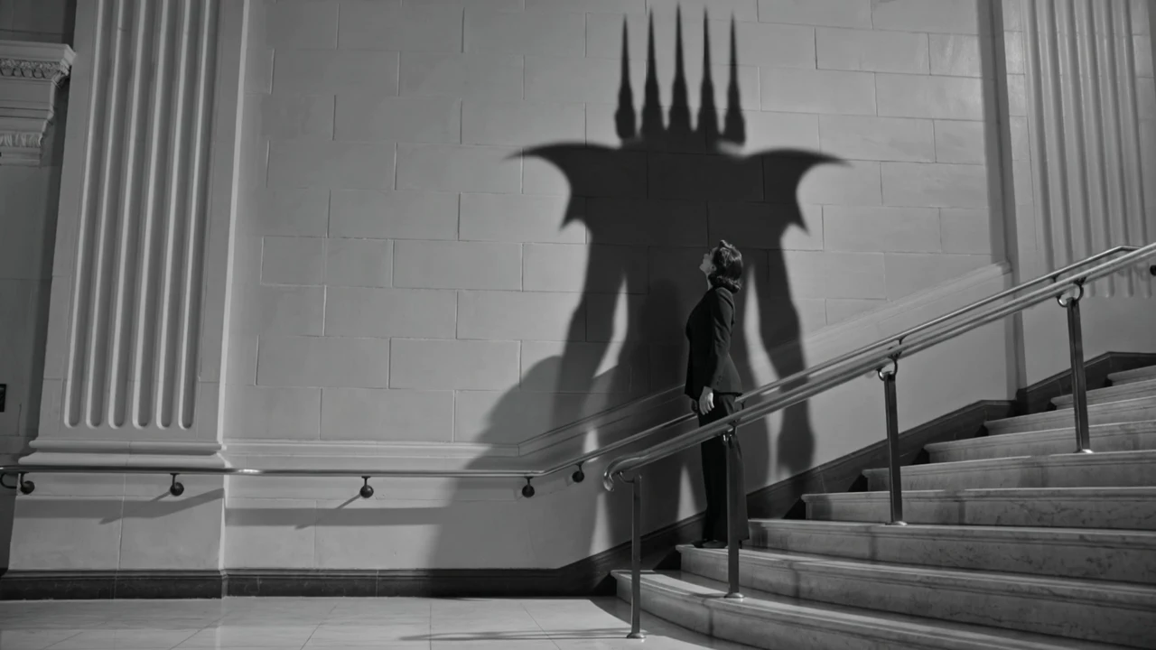 A fictional woman in an Art Deco cinema with a fantastic shadow on the wall.