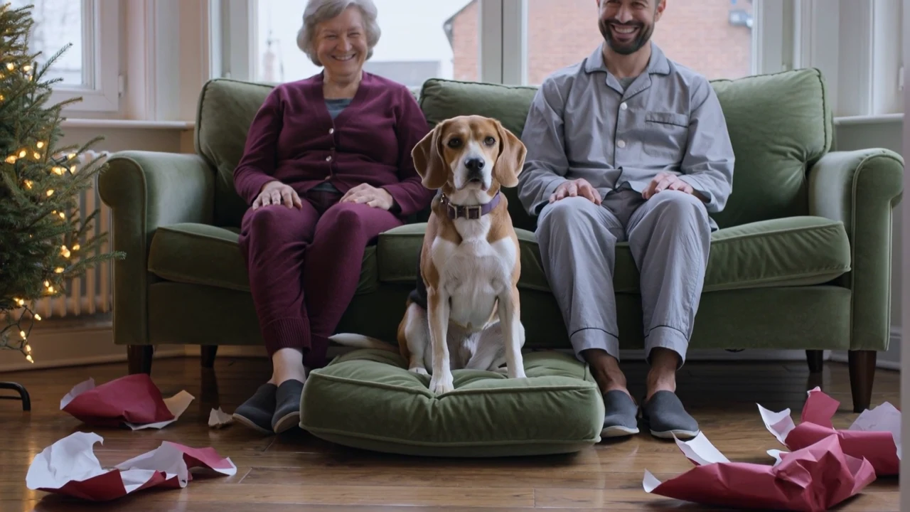 A beagle sits in front of two smiling adults beside a lit Christmas tree.