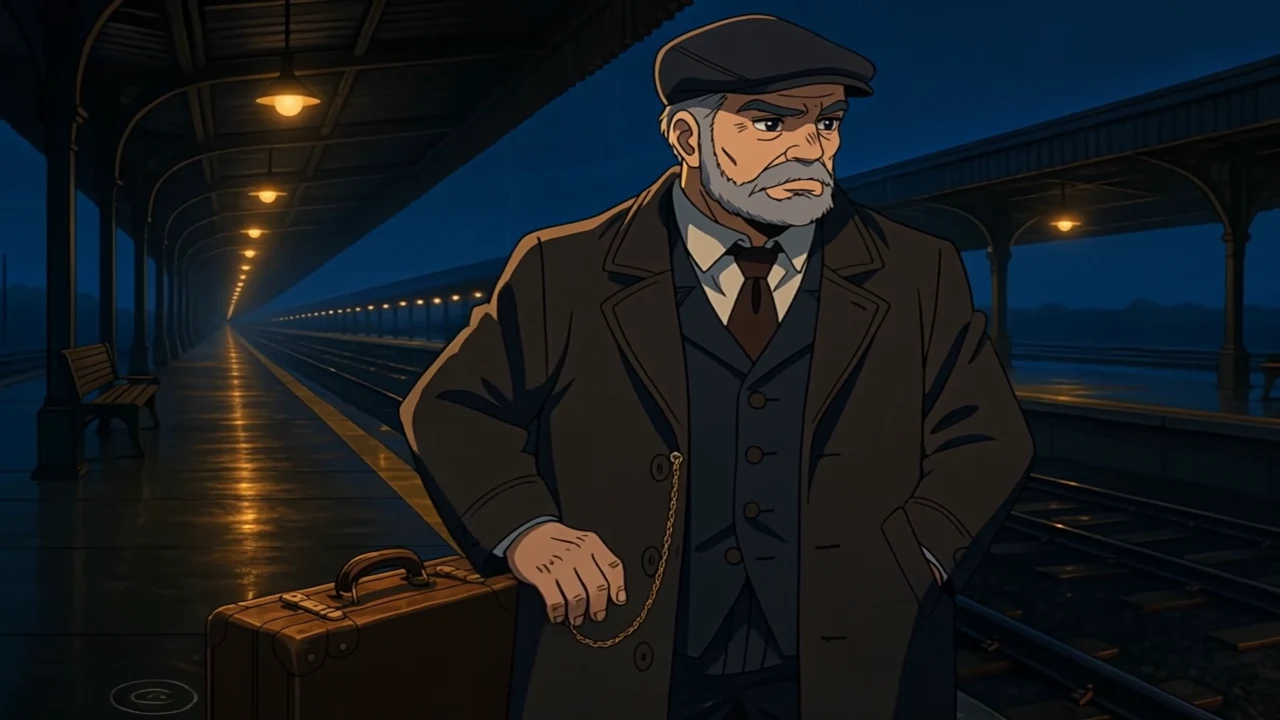Teodor, an original older illustrated character in a coat and cap, waits beside a vintage train.