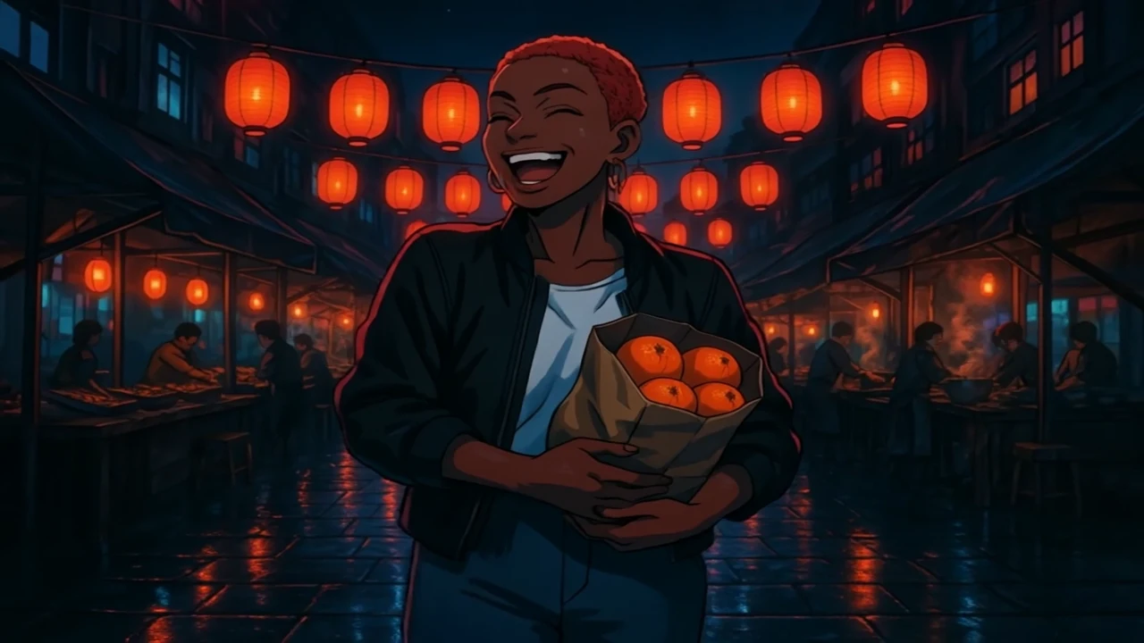 Amara, an original illustrated character, carries a paper bag of oranges through a lantern-lit night market.
