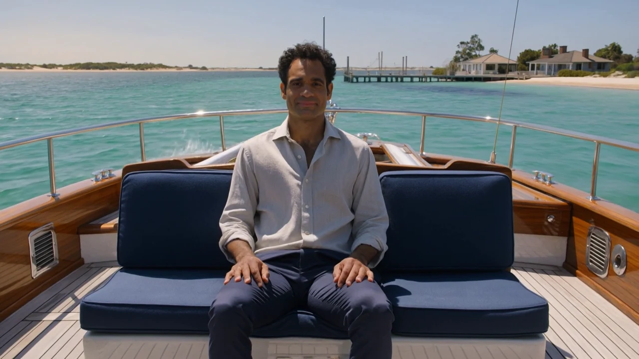A fictional man sits with both hands on his thighs aboard a teak yacht.