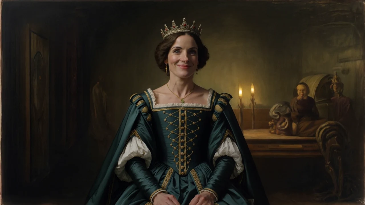 A fictional woman becomes a crowned queen with her hands resting naturally in her lap.