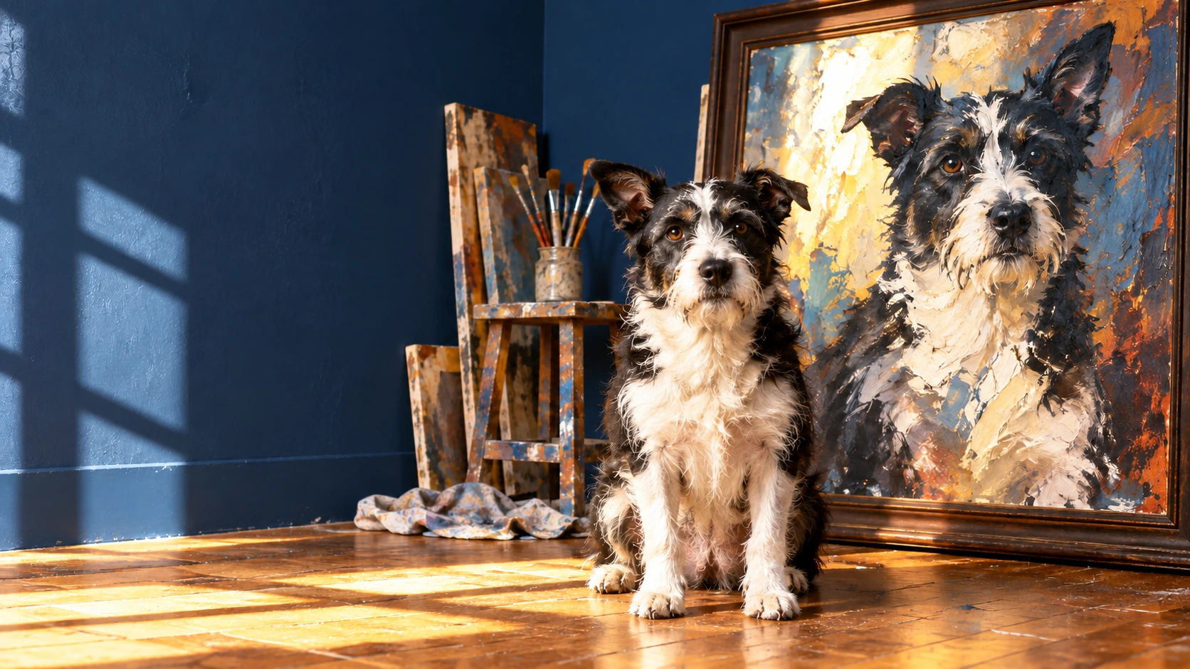 A fictional scruffy black-and-white dog sits in a sunlit painting studio beside an oversized portrait of its face.