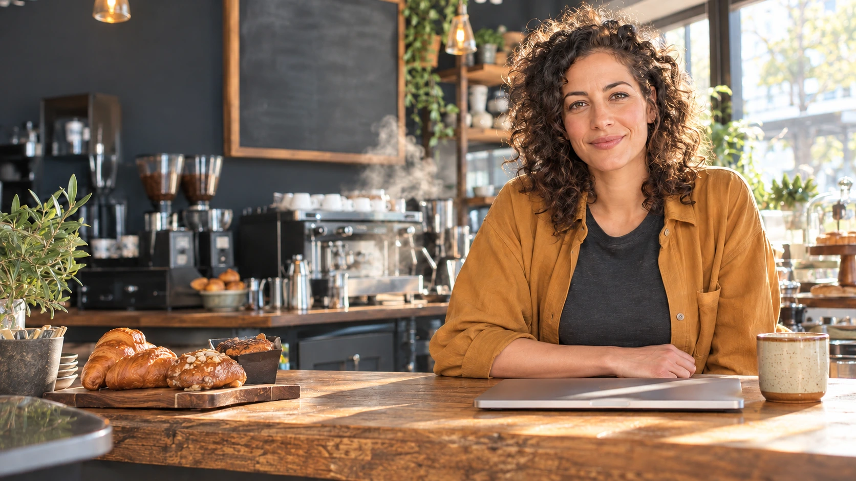 A fictional café owner sits at a wooden counter beside a closed laptop, with coffee equipment and pastries behind her.