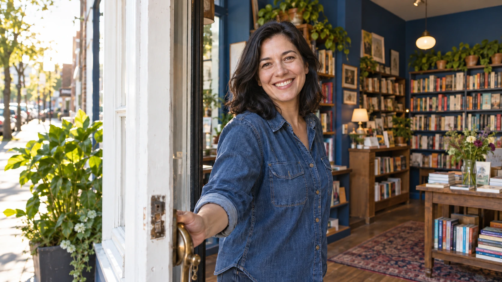 A fictional bookshop owner welcomes the viewer through an open door, with dark bookshelves and plants behind her.