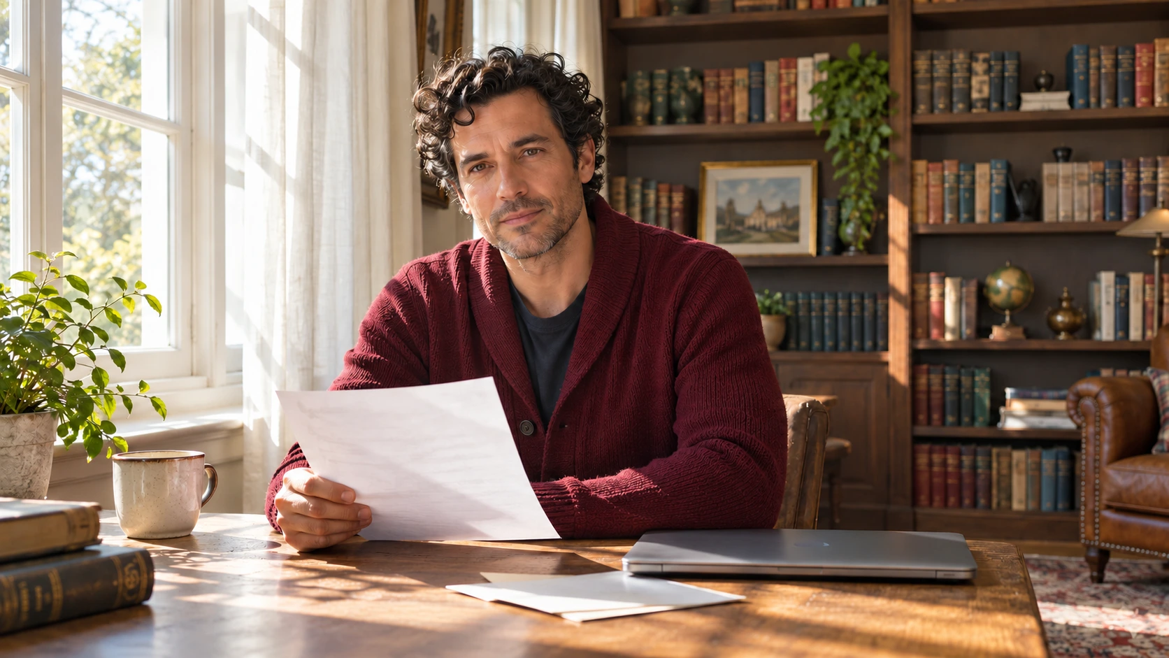 A fictional reader in a burgundy cardigan holds a letter beside a library window, with a closed laptop on the table.