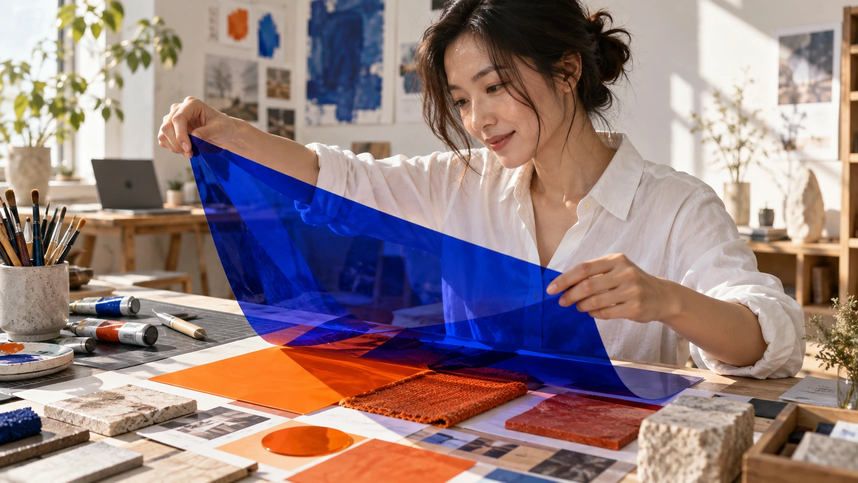 A fictional designer holds a translucent blue sheet above orange material samples on a studio table.