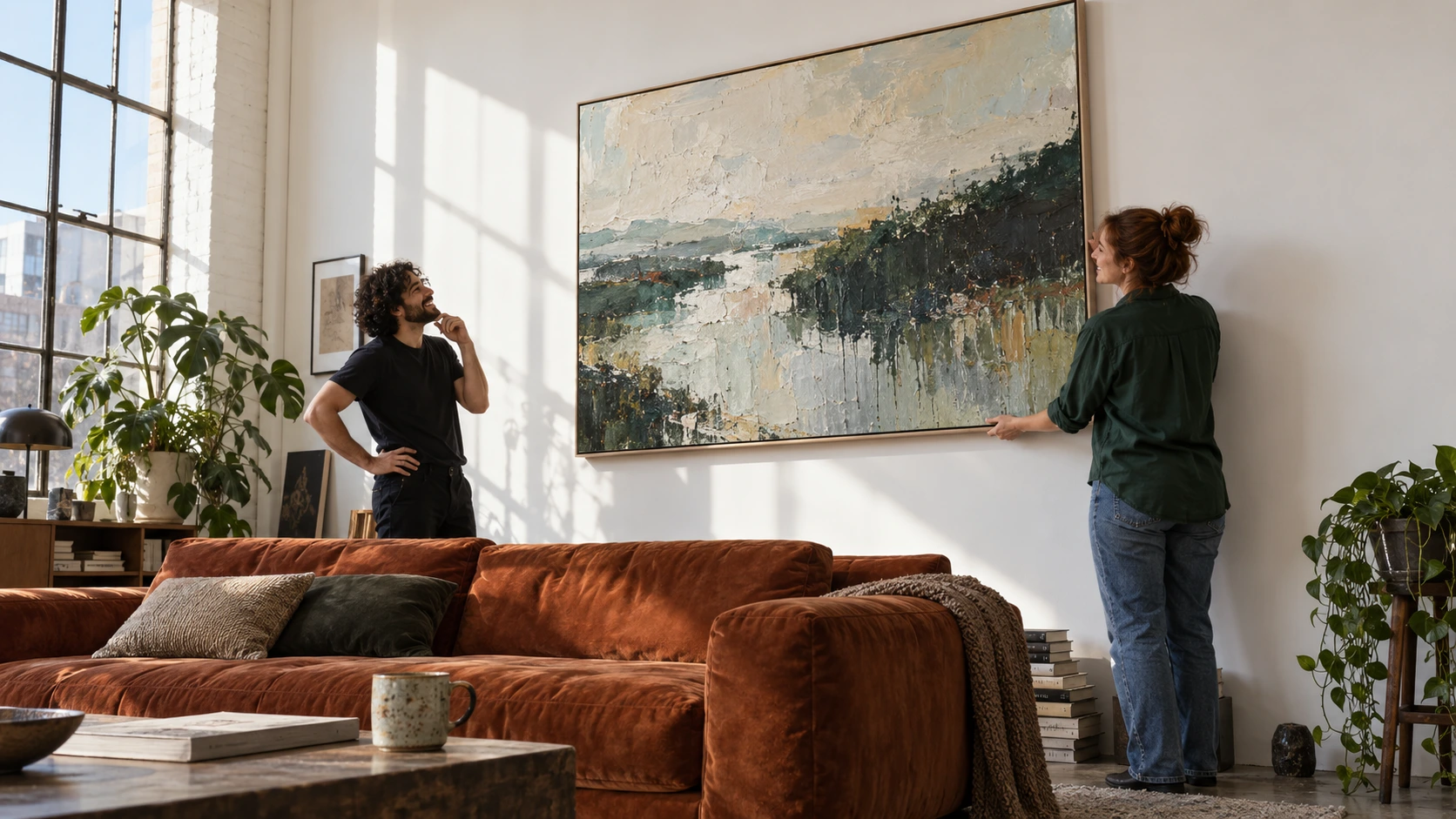 Two fictional adults position a large abstract painting above a rust-colored sofa in a bright living room.