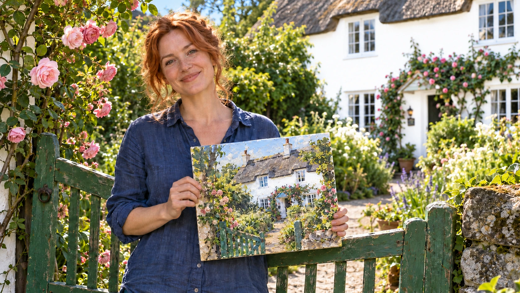 A fictional woman holds a painting of a cottage while standing at its rose-covered garden gate.