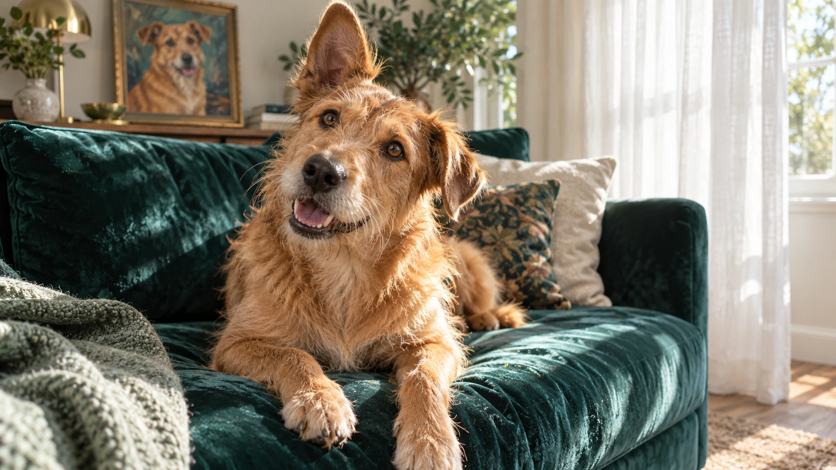 A fictional golden-brown dog tilts its head on a deep green sofa, with a painted portrait of the dog behind it.