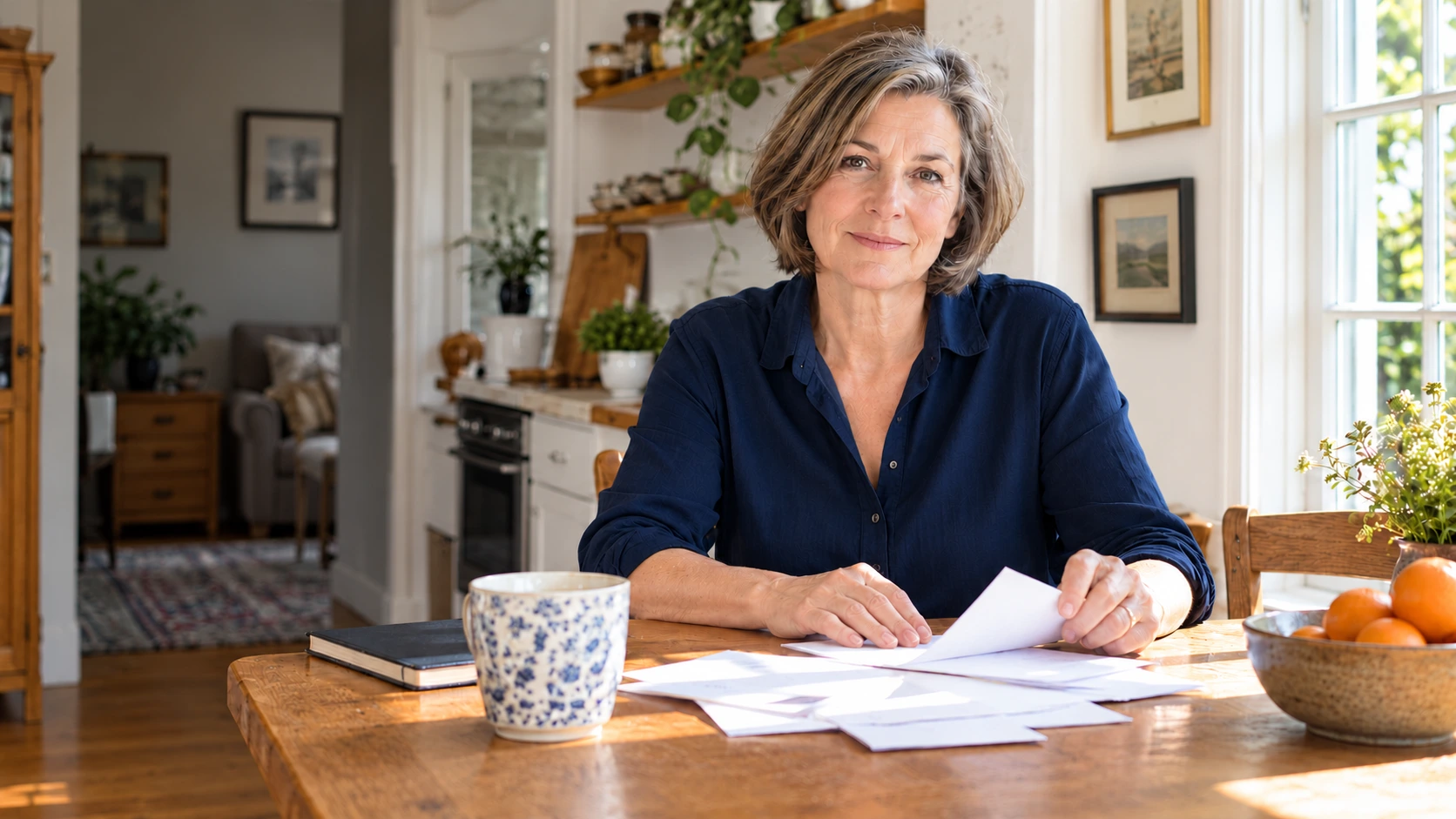 A fictional reader holds a letter at a sunlit kitchen table beside a blue-and-white mug.