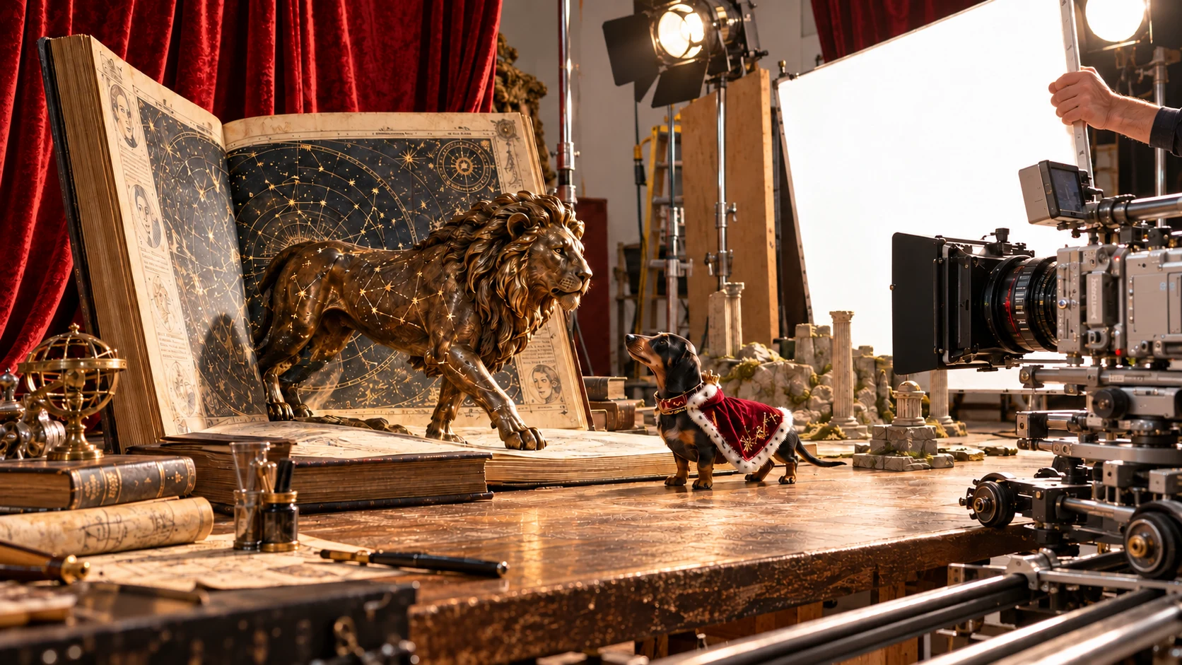 A bronze lion steps from an open atlas toward a tiny caped dachshund on a studio worktable beside a camera.