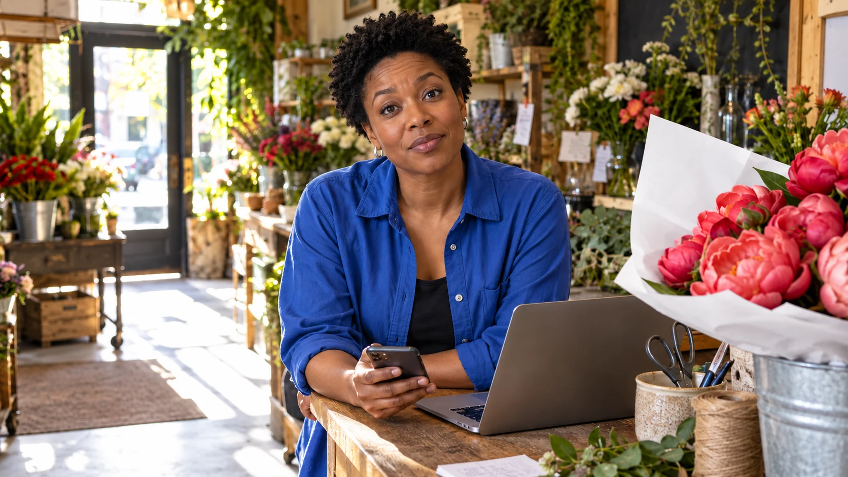 A fictional Black florist in a cobalt shirt holds a phone beside a laptop, coral peonies and plants in her flower shop.