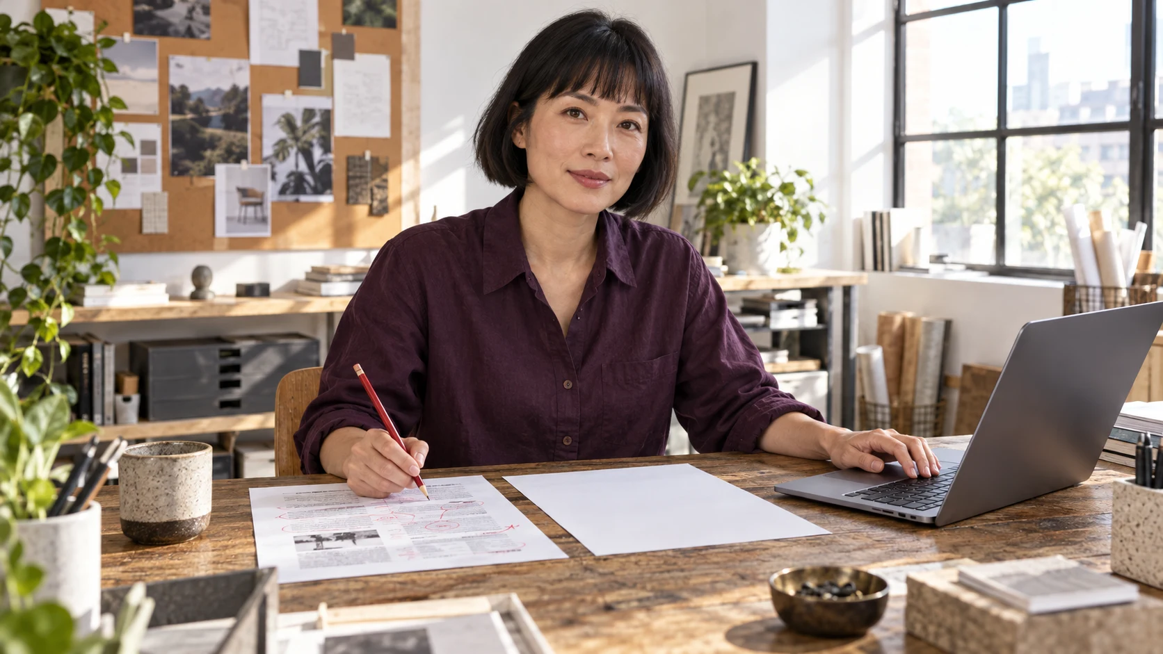 An editor in a plum shirt holds a red pencil over a marked page beside a laptop in a sunlit studio.
