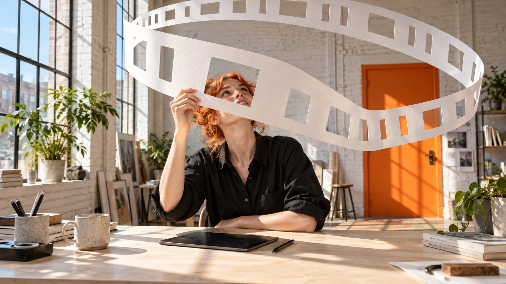 A red-haired designer guides a giant loop of cut paper frames above her desk in a bright studio.