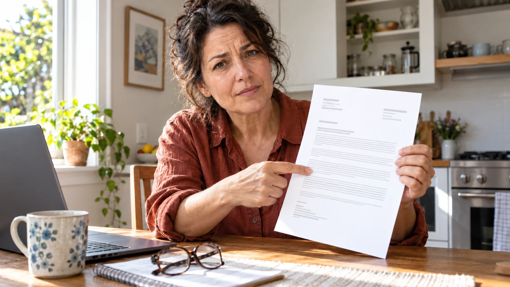 A fictional woman in a rust linen shirt points to a paper document at a kitchen table beside a laptop and a floral mug.