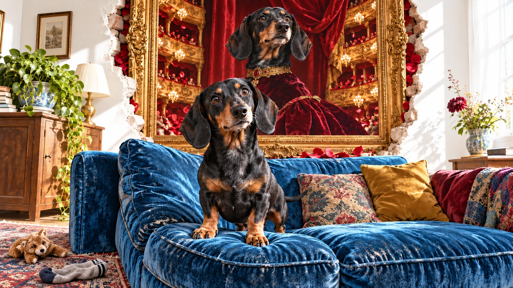 A fictional black-and-tan dachshund sits on a blue velvet sofa beneath a huge royal dog portrait in a gilt frame opening into a red-and-gold opera house.