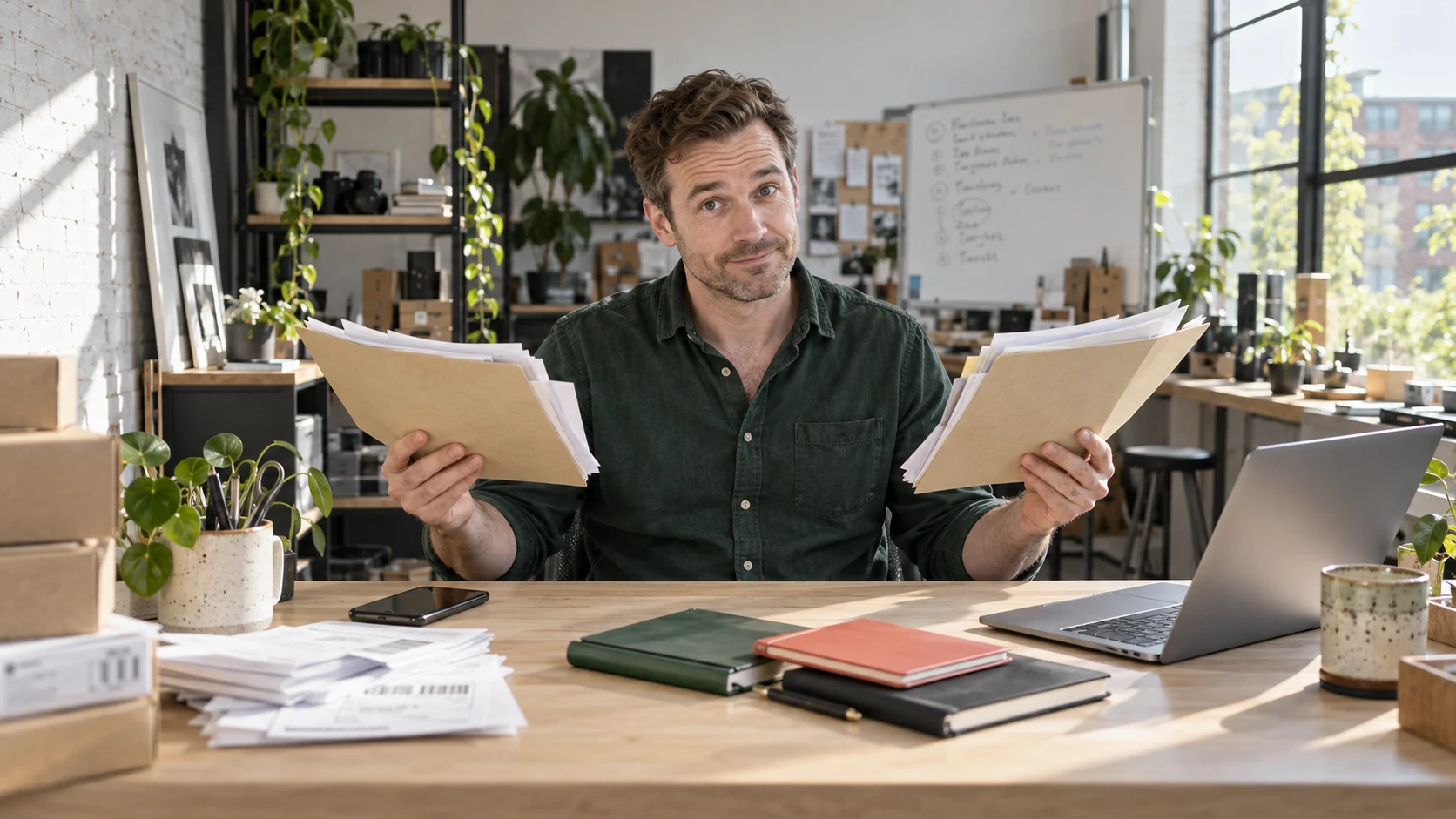 A man in a dark green shirt holds two thick folders at a desk with a phone, notebooks and laptop.