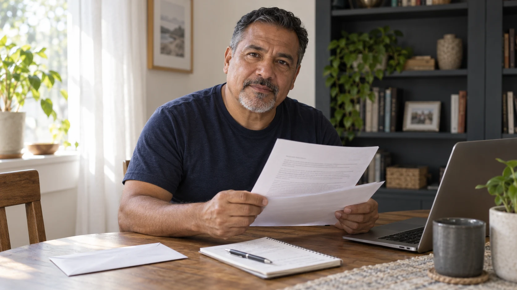 A man in a navy T-shirt holds paper letters beside a laptop and notebook at a home table.