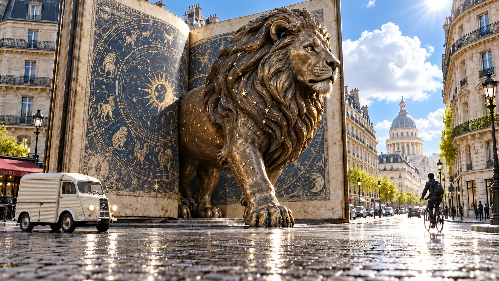 A giant bronze-gold lion emerges from an enormous illustrated celestial atlas on a wet city street in bright daylight, with a cyclist and small cream van in the foreground.
