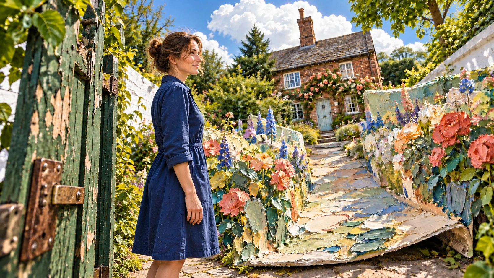A fictional woman in a blue dress stands in profile beside an open garden gate, her arm resting naturally at her side, while a painted path unfurls toward a cottage.